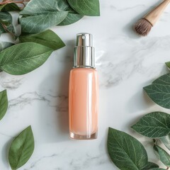 Peach-toned serum bottle, amidst leaves on marble