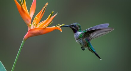 Vibrant hummingbird in flight feeding on a tropical orange flower with water drops. Dynamic nature shot, perfect for wildlife, environmental,