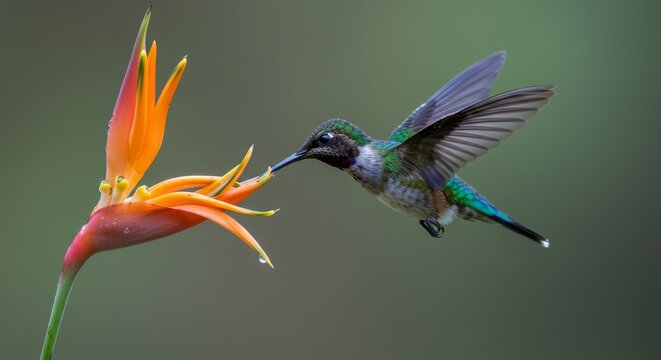 Vibrant hummingbird in flight feeding on a tropical orange flower with water drops. Dynamic nature shot, perfect for wildlife, environmental, - Powered by Adobe