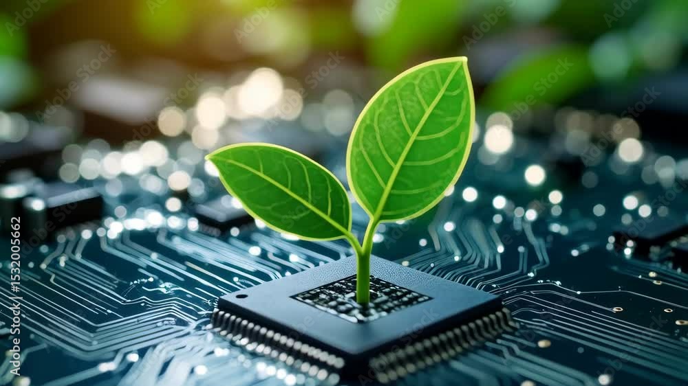 Poster green seedling growing from a computer processor represents sustainability and the intersection of t