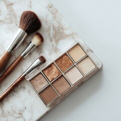 Beige makeup palette and brushes on marble
