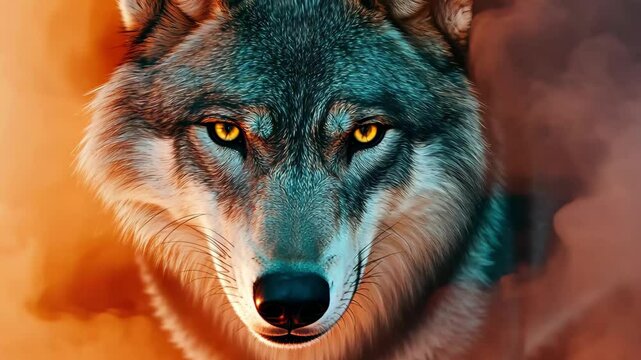 Wolf surrounded by colorful fire and smoke with a mystical atmosphere, wolf with colored fire and smoke seamless time lapse virtual video Background