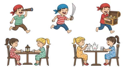 Kids Playing Pirate and Having Tea Party: Happy Childhood Activities Illustration Scene