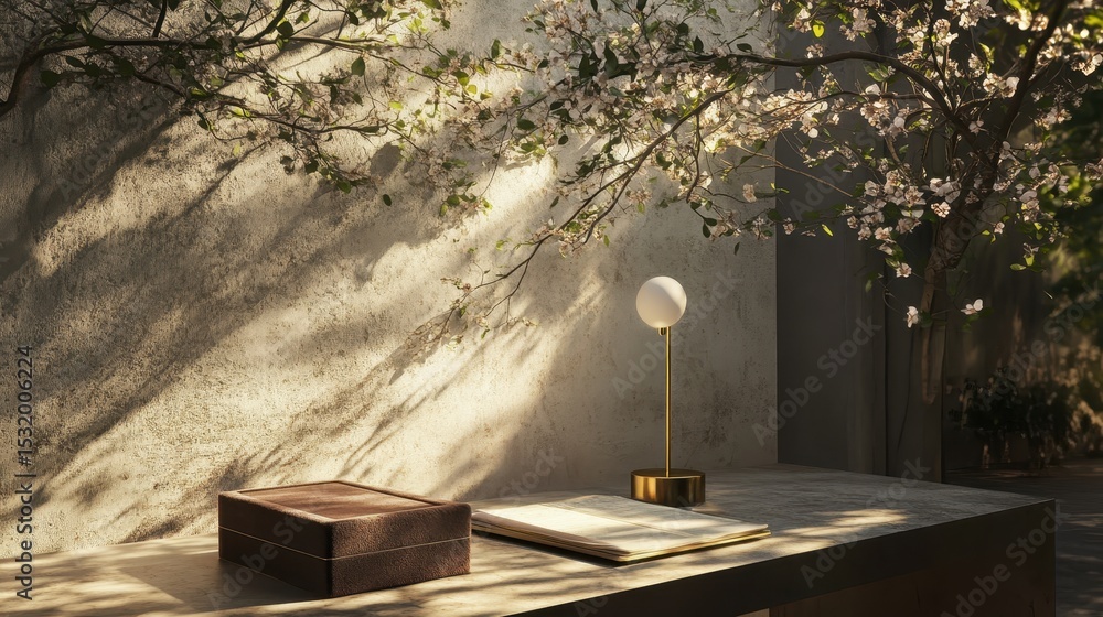 Poster outdoor setting with a decorative lamp and a box on a table.