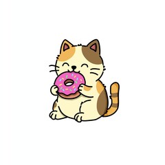 cartoon cat , cute striped cat vector eating donuts