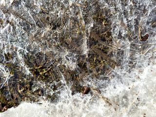 Close-up of frozen ground with blades of grass and air bubbles trapped in transparent ice. Natural winter texture.