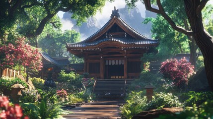 Serene Japanese Temple nestled in lush greenery, surrounded by mountains and blooming flowers. A path leads to the temple's entrance.