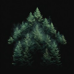 Green forest trees arranged in a house shape, hazy, dark background