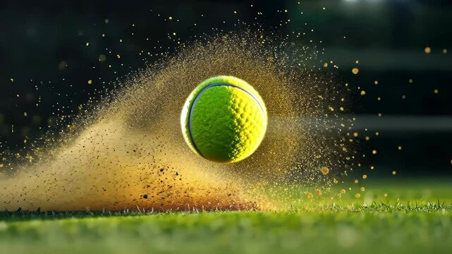 Yellow tennis ball kicks up dust during a dynamic serve on a sunny court, Yellow tennis ball creates a yellow dust cloud as it hits the green grass court