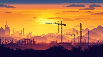 Sunset Construction Panorama: Cityscape Under Construction