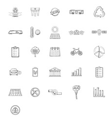Climate action plan strategy icons set includes tree solar panel recycling bus and thermometer