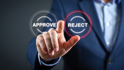 A hand hovers over glowing approve and reject buttons