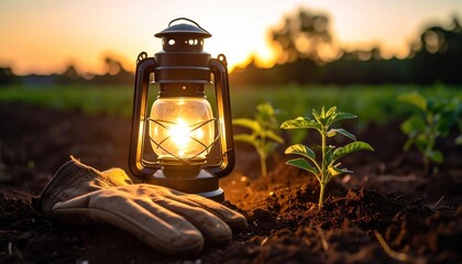 Tranquil farming scene featuring an antique lantern, gloves, and seedlings
