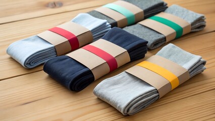Folded Socks Tied with Paper Bands on Wooden Surface.