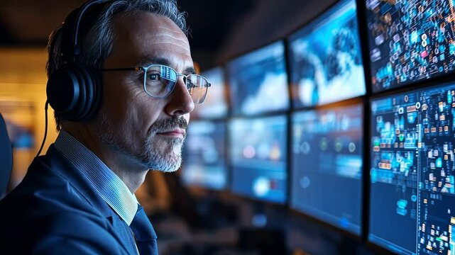 Focused Business Professional in Monitoring Room