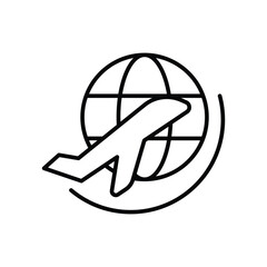 Airplane Around Globe Icon Outline Style Thin Line Symbol for International Travel or Global Flight