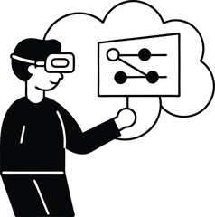 Virtual Reality User Interacting with Cloud Dashboard vector Line art