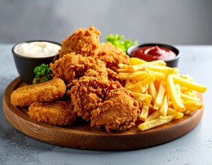 Hearty fast-food platter featuring crunchy chicken, fries, and creamy sauces