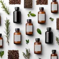 Bottles, herbs, and spices arranged on a white background