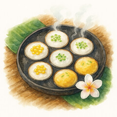 Khanom Krok – Thai Coconut-Rice Pancakes in Hot Pan – Watercolor PNG
