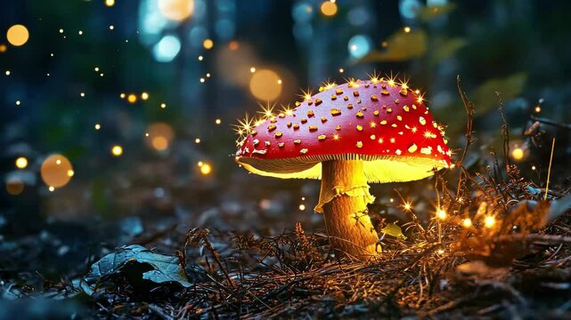Enchanting mushroom lights up a magical forest landscape at dusk, Mushroom fantasy landscape on forest floor panning to right, sparkling lights