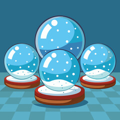 Three Realistic Snow Globes with Cat Illustration on a Simple Background