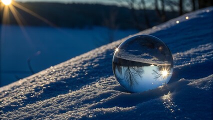 Glass Sphere Reflection on a Dark Blue Surface with Sunlight.