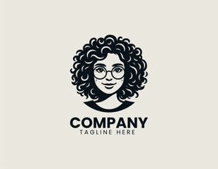Friendly Young Woman Curly Hair Round Glasses Approachable Portrait Vector Logo Design