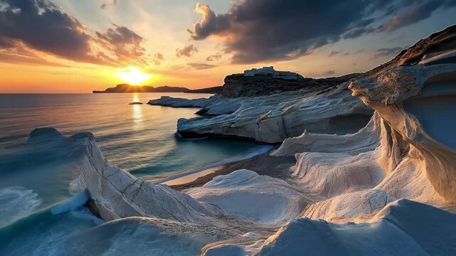 Explore the stunning landscapes of Sarakiniko Beach on Milos Island in Greece at sunset, Travel landmark Sarakiniko beach Milos island Greece