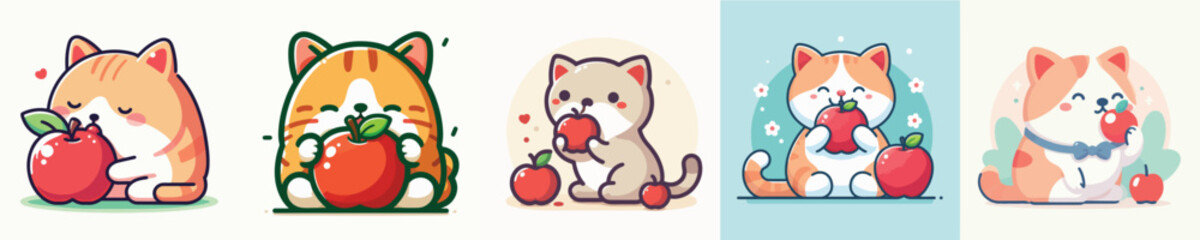 vector of a cat eating apple