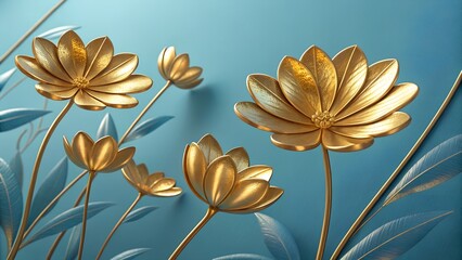  Golden Metallic Flowers on Blue Background.
