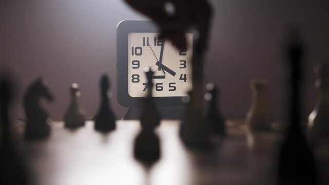 A man playing chess on chessboard in a dimly lit room
