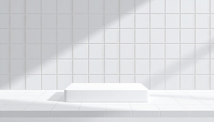 Exhibition space with a rectangular pedestal for product display on a square tile wall.