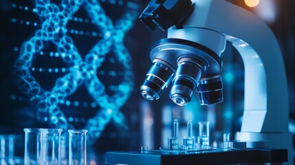Scientist working in modern dna research laboratory with advanced biotechnology equipment, microscope, and digital medical analysis tools for genetic testing, health diagnostics, and genomic medicine