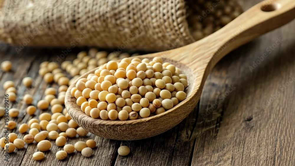 Poster soybeans nestled in a wooden spoon on a rustic wooden table surrounded by natures elements, soybeans