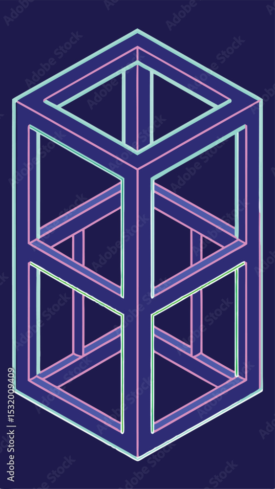 Poster abstract 3d transparent cube design with neon gradient outlines on dark background