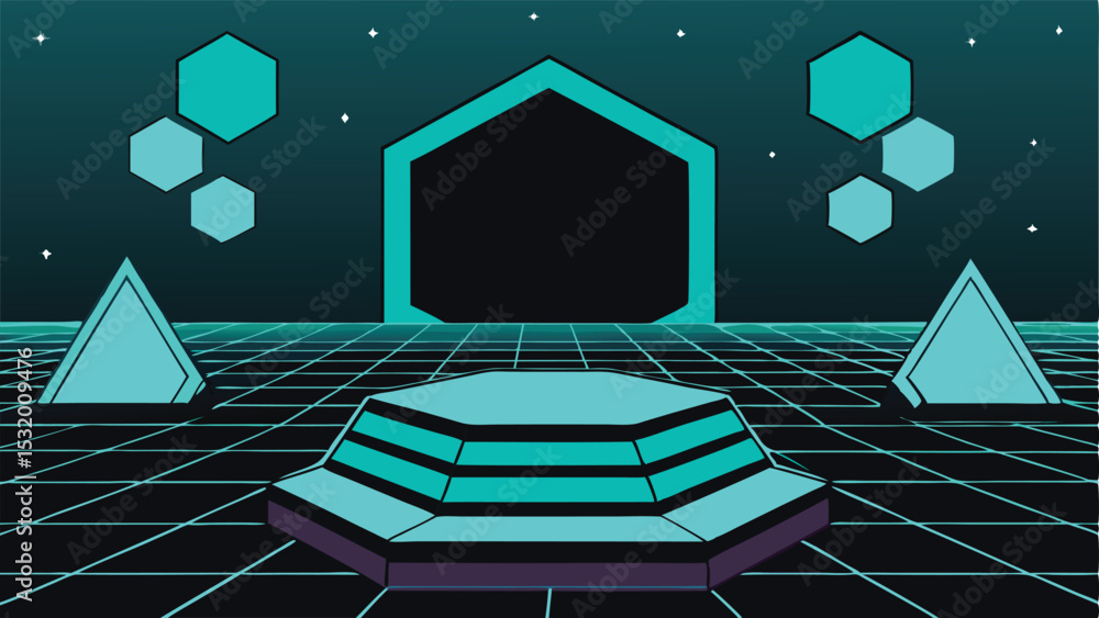 Poster geometric stage illustration with hexagons and triangles on a grid perspective design