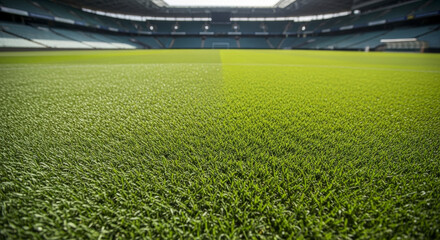 Close Up View Of A Green Artificial Grass Field At A Stadium With Bright Daylight And Textured Surface