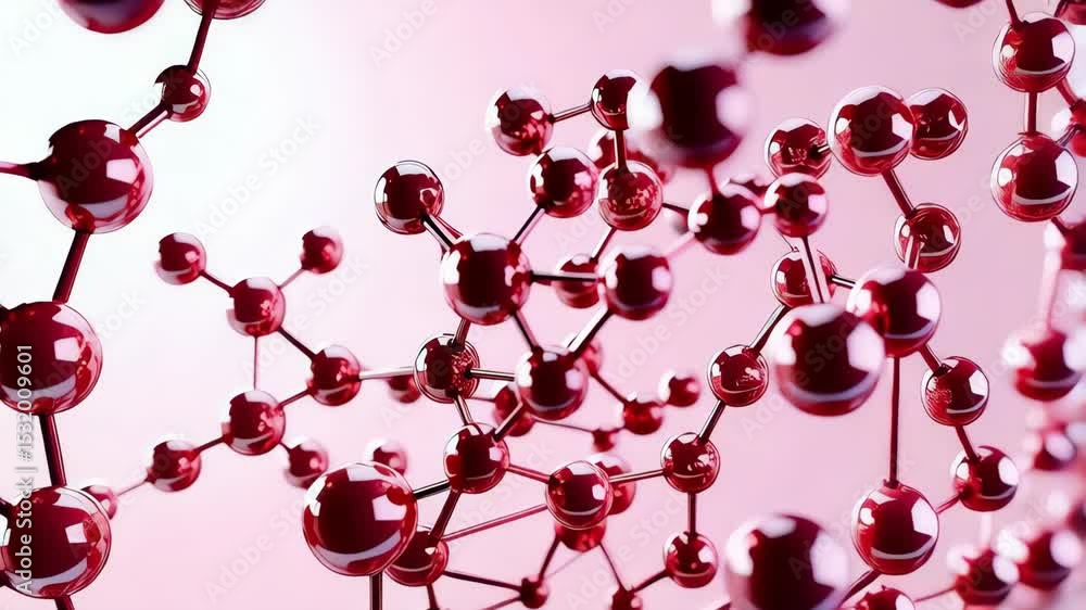 Poster molecular structure with glossy red spheres connected by thin rods against a soft pink background sy
