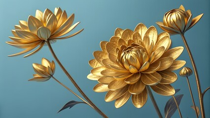 Abstract banner, golden flowers on a classic blue background. Template with place for text. Luxurious style. Vector illustration