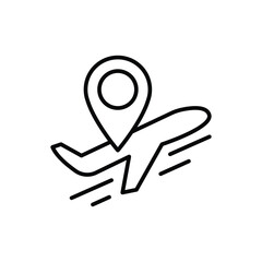 Navigation Pin with Flying Airplane Icon Thin Line Outline Style for Travel and Flight Path