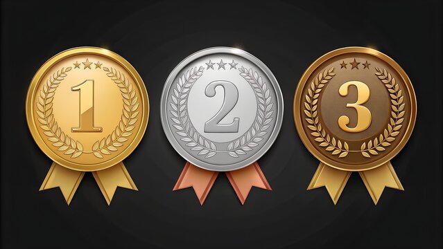  Gold, silver and bronze metal circle frames 3d vector realistic illustration. First, second and third place medals or buttons isolated on black background. Certified. Quality blank, empty badge set.