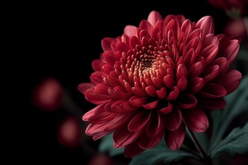 Dark red chrysanthemum on a moody black blurred background, Halloween floral aesthetic, spooky yet elegant seasonal concept