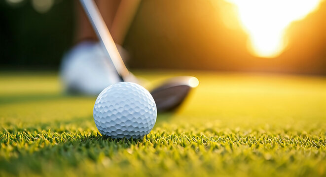 Golf Ball on Tee Ready for Swing at Sunset A Perfect Shot