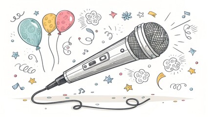 Hand drawn microphone isolated on a white background. Celebration elements. Doodle, simple outline illustration. It can be used for decoration of textile, paper.