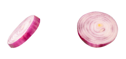 Spanish onion or red onion slices in set scattering isolated on white background with clipping path
