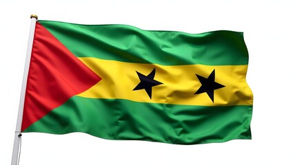 Obraz premium Photorealistic flag of São Tomé and Príncipe. Green, yellow, and red design with two black stars. Realistic fabric folds and texture. Isolated on white background.