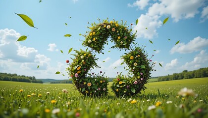 Green Living & Sustainability Concept - Eco-Friendly Recycle Symbol in a Lush Natural Landscape