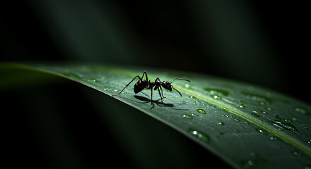 Ant on Dew-Covered Leaf
