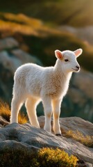 Obraz premium Adorable young lamb standing on sunlit rocky terrain